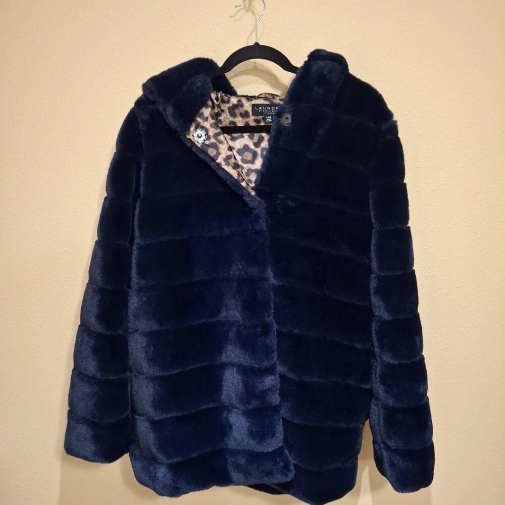 Laundry By Shelli Segal Faux Fur Quilted Jacket Hooded Size L Midnight Blue